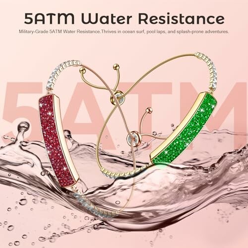 Colorful bracelets demonstrating 5ATM water resistance with splashing water.