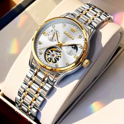 Elegant woman showcasing her OLEVS Automatic Watch.