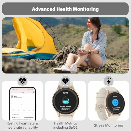 Woman using smartwatch for health monitoring outdoors.