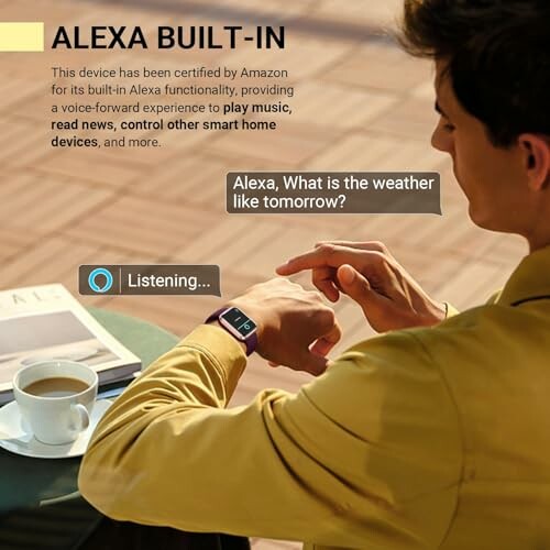 Person using Alexa on smartwatch while having coffee.