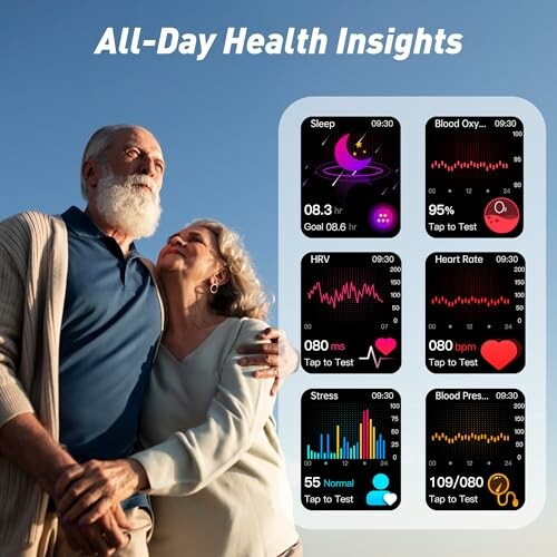 An elderly couple using the Yowow BIT smart watch to track their health insights, including sleep, blood oxygen, HRV, heart rate, stress, and blood pressure.