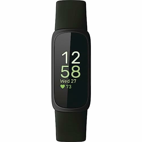 Black smart fitness tracker displaying time and heart rate