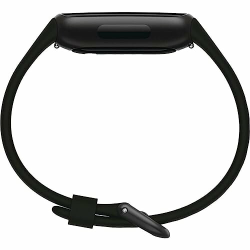 Side view of a black smartwatch with a strap.