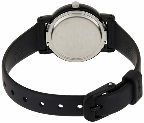 Back view of a black wristwatch with a buckle strap.