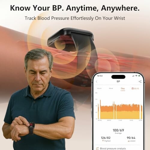 Man using smartwatch to track blood pressure with app display.