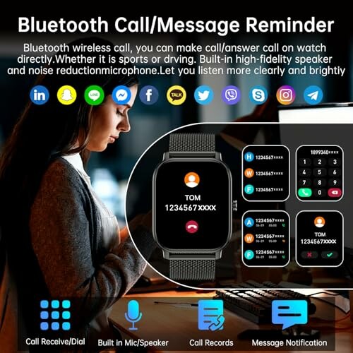 Bluetooth call and message reminder features with smartwatch display.