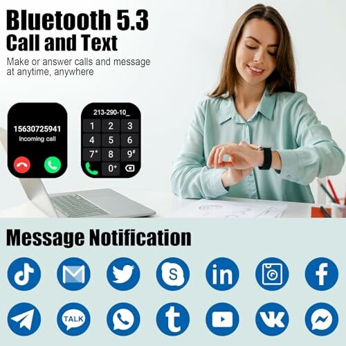 Woman using smartwatch for Bluetooth 5.3 call and text notifications.