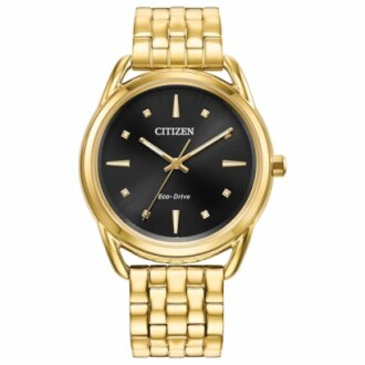 Citizen gold watch with black dial and Eco-Drive feature.