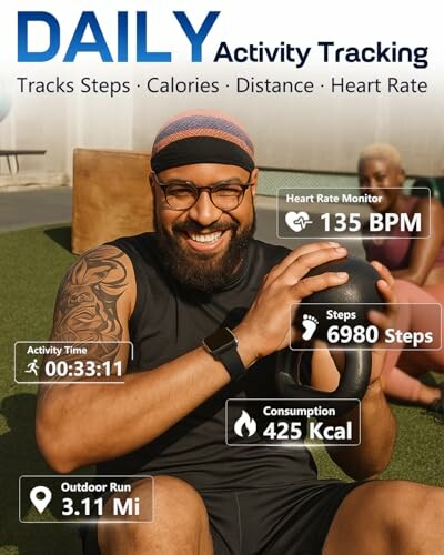 Man smiling while tracking daily activity with stats on heart rate, steps, calories, and distance