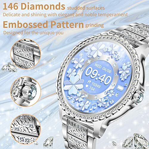 Luxury watch with diamond-studded surfaces and embossed pattern.