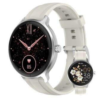 Elegant smartwatch with floral and heart rate displays.