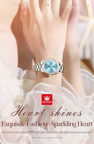 Elegant watch with a blue face and diamond accents on a wrist.