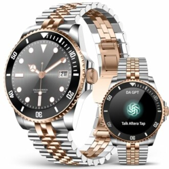 Two-tone wristwatches with metallic straps, one analog and one digital.