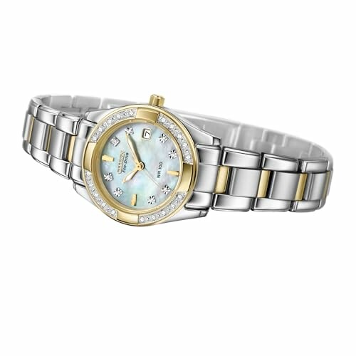 Elegant women's watch with diamond accents and two-tone metal band.