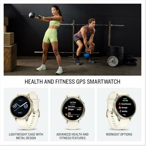 Two people exercising with kettlebells, promoting a health and fitness GPS smartwatch with features like metal design and workout options.