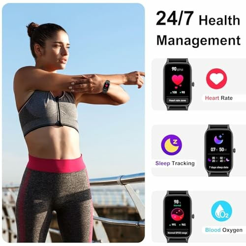 Woman stretching with smartwatch, showcasing health management features like heart rate, sleep tracking, and blood oxygen.