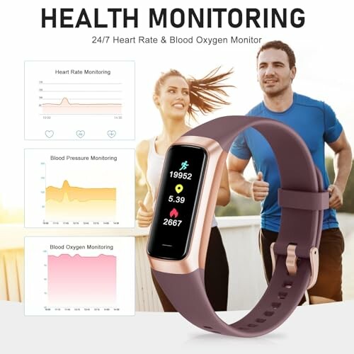 Smartwatch with health monitoring features and people jogging.