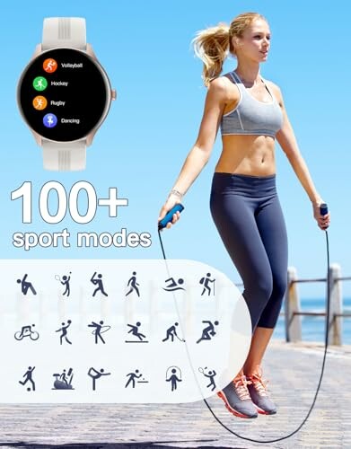 Woman jumping rope with smartwatch displaying sport modes.
