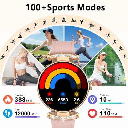 Smartwatch displaying fitness tracking features and sports modes.