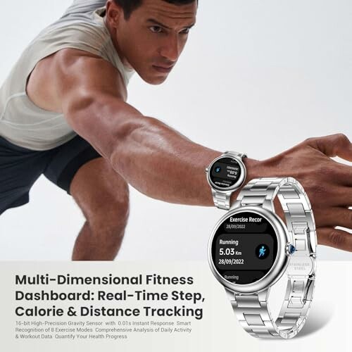 Man using fitness smartwatch displaying exercise record and tracking features.