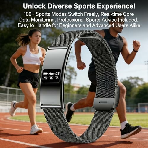 Athletes running on track with a fitness tracker in the foreground.