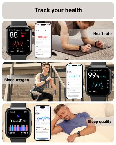 Smartwatch and smartphone displaying health metrics: heart rate, blood oxygen, and sleep quality, with people exercising and resting.