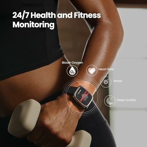 Person using a smartwatch for health monitoring while holding dumbbells.
