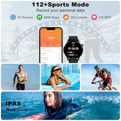 Fitness tracker with sports mode and activities like running, swimming, and cycling.
