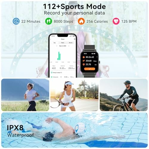 Fitness tracker with sports mode features and waterproof design.