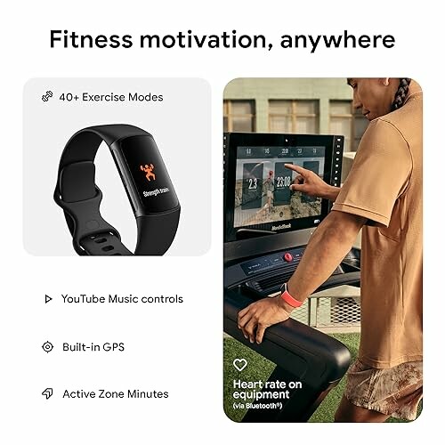 Smartwatch with exercise modes and person on treadmill.