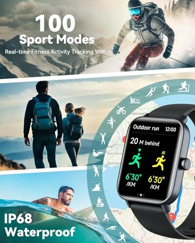 Advertisement for a fitness activity tracking watch with 100 sport modes, featuring images of people running, hiking, and swimming.