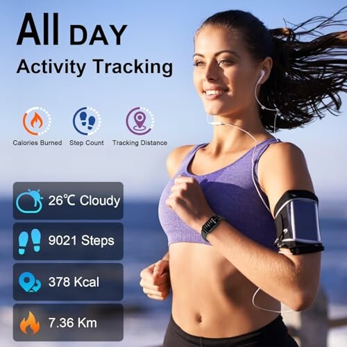 Woman jogging with fitness tracker showing calories, steps, and distance.