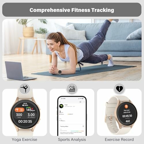 Woman doing yoga with fitness tracking devices and app.