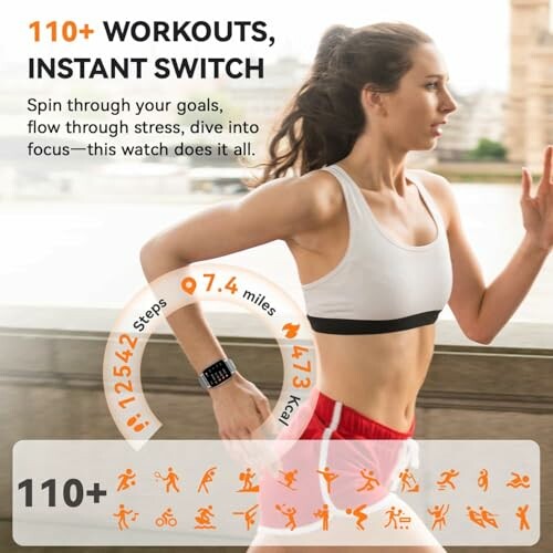 Woman running with fitness watch displaying workouts and stats.