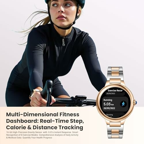 Woman on bike wearing smartwatch, tracking fitness data.