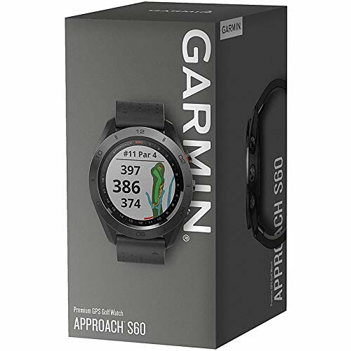 Garmin Approach S60 golf watch box with watch image and features.