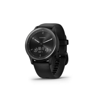 Black Garmin smartwatch displaying time and date
