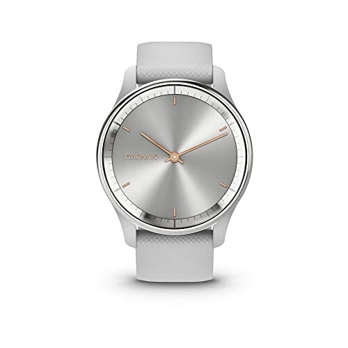 Garmin silver wristwatch with white strap and minimalist design.