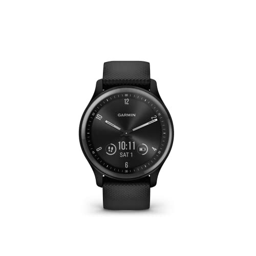 Black Garmin smartwatch with time and date display