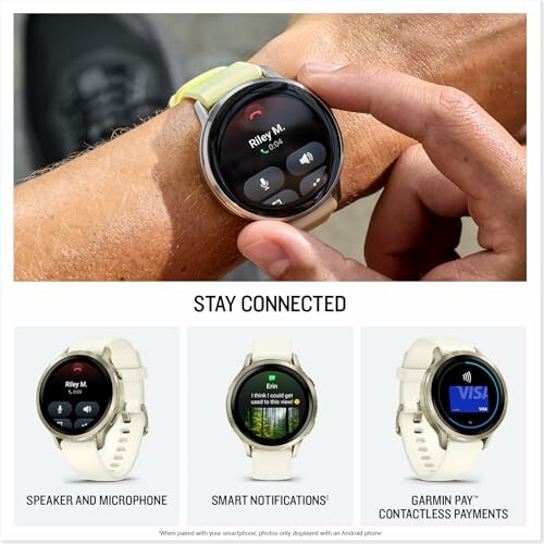 Garmin smartwatch with call, notifications, and payment features.