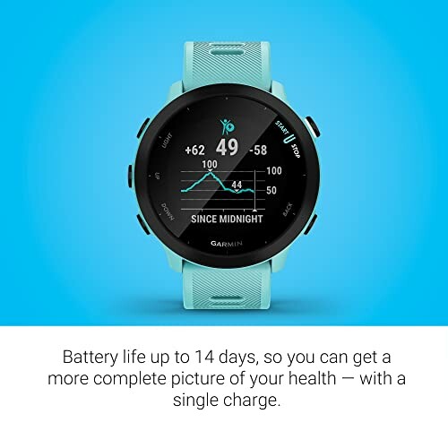 Garmin smartwatch displaying health tracking features and 14-day battery life.