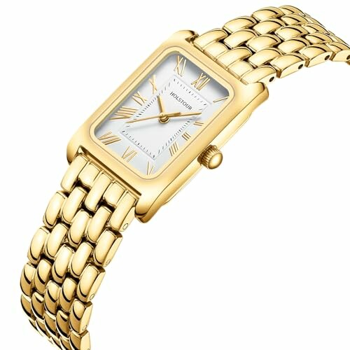 Elegant gold rectangular wristwatch with chain bracelet