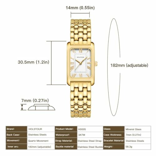 Gold rectangular wristwatch with dimensions and specifications.