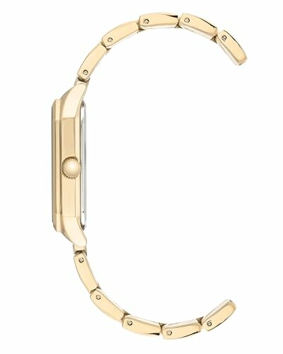 Side view of a gold wristwatch with linked bracelet