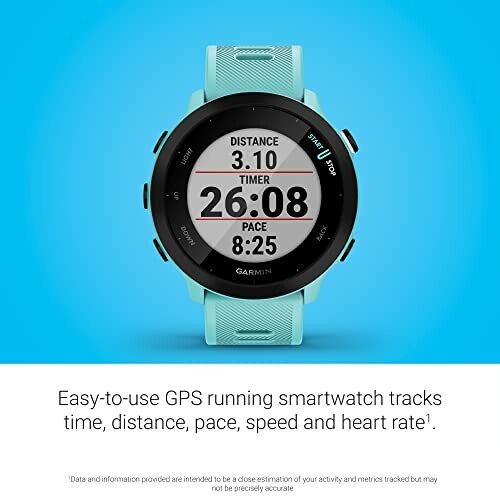 GPS running smartwatch with distance, time, pace display.
