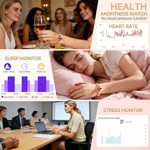 Collage showing health and fitness watch features: heart rate, sleep monitor, stress monitor, and a group meeting.