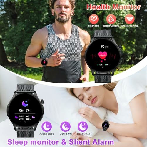 Man jogging and woman sleeping wearing a smartwatch with health monitoring features.