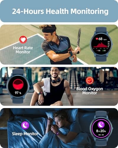 24-hour health monitoring with heart rate, blood oxygen, and sleep monitors.