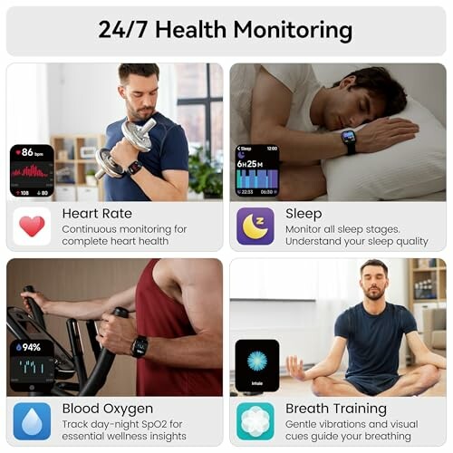 Health monitoring features including heart rate, sleep, blood oxygen, and breath training. 