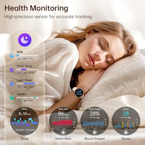 Woman sleeping with smartwatch displaying health monitoring data including sleep, heart rate, blood oxygen, and stress levels.